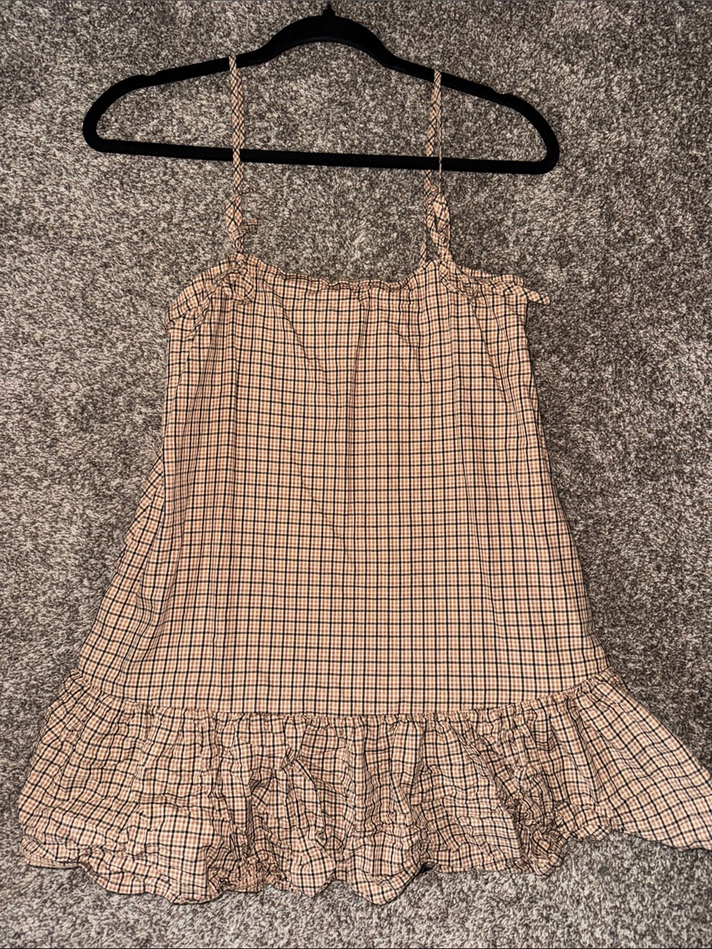 Plaid Ruffle Hem Spaghetti Strap MINI Dress - Beige/Black